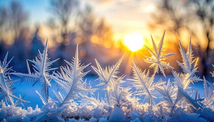 Intricate Frost Crystals on Snow with Golden Sunrise Backlight and Blurred Winter Landscape Backdrop