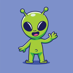 Friendly green alien cartoon character waving hand vector illustration on an isolated background