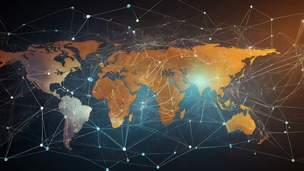 Global network connection map with glowing lines and nodes connecting continents, representing digital communication and technology