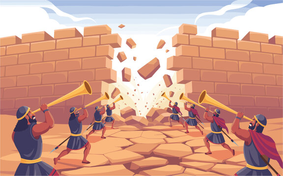 Illustration of the walls of jericho falling after joshua and the israelites marched around it for seven days, blowing their trumpets