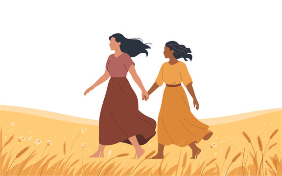 Illustration of ruth and naomi walking together in a field of wheat, symbolizing friendship, loyalty, and support
