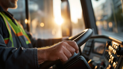 Close up of work worn hands gripping black steering wheel of municipal garbage truck morning golden hour sunlight streaming through windshield dashboard controls and buttons