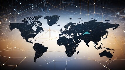 Global network of connections overlaid on a world map, representing international communication and technology