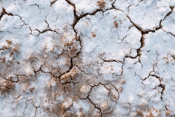 Desert landscape featuring cracked surface with white salt deposits and brown soil revealing unique textures and patterns for natural environment photography