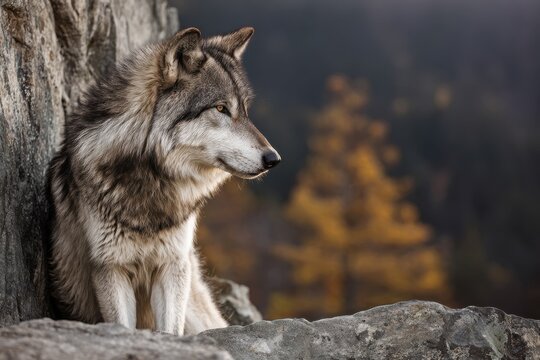 Wolf resting on rocky surface with rich fur featuring gray-brown colors and striking amber eyes, surrounded by blurred trees in autumn hues, conveying serenity and natural habitat - Powered by Adobe