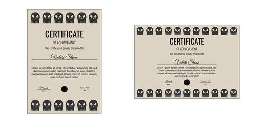 Gothcore Certificate set. Vector illustration of Gothic Certificate with simple skull frame collection isolated background. Vertical and horizontal Certificate diploma template design. EPS 10