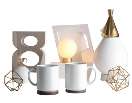 Minimal Home Essentials Collection – Stylish Mugs, Lamps, and Decorative Pieces PNG - Powered by Adobe
