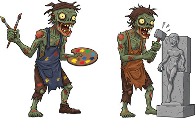 Funny zombie artist painting and sculpting illustration, creative undead characters, horror comedy art concept, Halloween cartoon artwork design