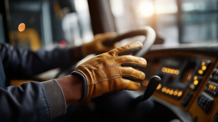 Dark skinned hands in protective work gloves firmly gripping garbage truck steering wheel fingers adjusting radio controls dashboard instruments glowing waste disposal vehicle