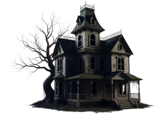 Spooky victorian haunted mansion with gnarled tree isolated on transparent background