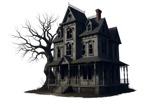 Spooky victorian haunted mansion with gnarled tree isolated on transparent background