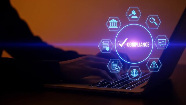 Compliance rules law regulation policy business. Businessman hold virtual compliance icons for enforcement of laws, regulations, and standards.