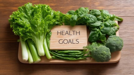 Fresh Vegetables on Wooden Board with Health Goals Sign Promoting Healthy Eating and Lifestyle Choices for Wellness Enthusiasts