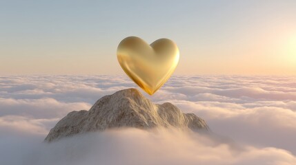 Fototapeta premium Glowing Golden Heart Above Clouds at Sunrise on Mountain Peak, Symbol of Love and Hope Amidst Tranquil Sky