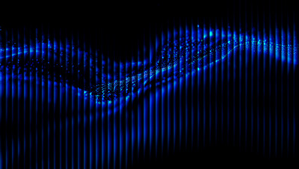 Abstract blue light pattern with vertical lines and a wave like shape on a dark background design art 3d illustration, 3d abstract background