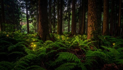Fototapeta premium Forest interior with sunlight filtering through tall trees, illuminating ferns and creating a warm, vibrant scene