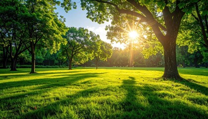Lush Green Park Meadow Bathed in Golden Sunlight With Tall Trees and Long Shadows on a Clear Summer Day