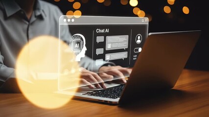 Chat Bot Chat with AI or Artificial Intelligence technology. Woman using a laptop computer chatting with an intelligent artificial intelligence asks for the answers he wants. ChatGPT, - Powered by Adobe