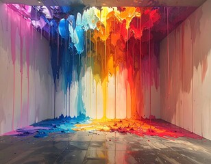 An immersive room installation with vibrant, cascading streams of colorful paint