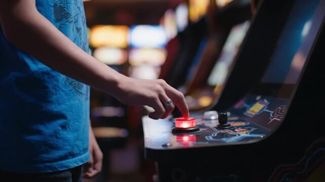 Young person's hand presses a glowing red button on a vintage arcade game machine.
