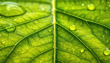 Macro Close Up Of A Vibrant Green Leaf Surface Covered In Dew Drops And Tiny Water Droplets Reflecting Light On A Sunny Day