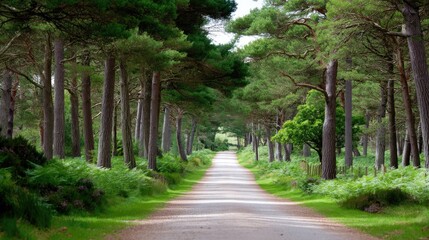 Fototapeta premium Tranquil Forest Path Surrounded by Lush Green Trees and Ferns in a Scenic Outdoor Landscape