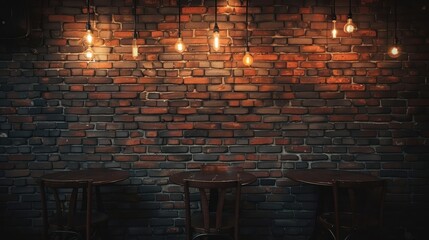 Stylish caf   interior featuring exposed brick walls and cozy hanging lights for a trendy atmosphere