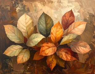 An oil painting of fall leaves arranged in a circular pattern