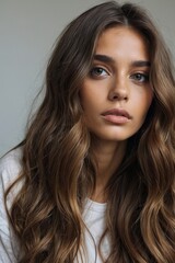 Naklejka premium Beautiful young woman with long wavy brown hair and a natural makeup look