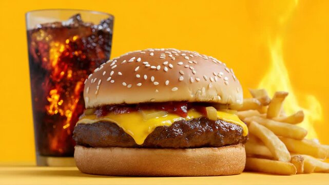 Sizzling burger and fries with cola against vibrant fiery backdrop