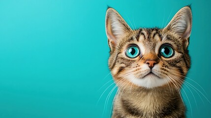 Tabby Kitten with Striking Blue Eyes on Turquoise Background.