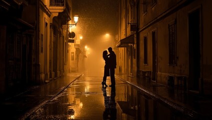Romantic couple embraces in a rainy European street at night