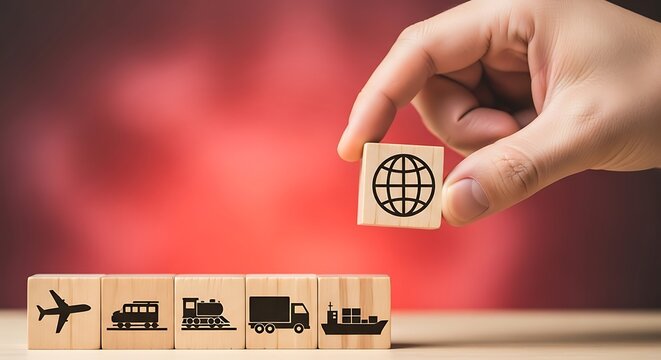 Conceptual Illustration of Hand Placing Globe Icon on Wooden Block Transportation