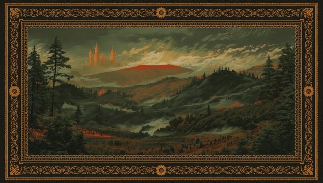 Vintage landscape painting of a fantasy castle and rolling hills