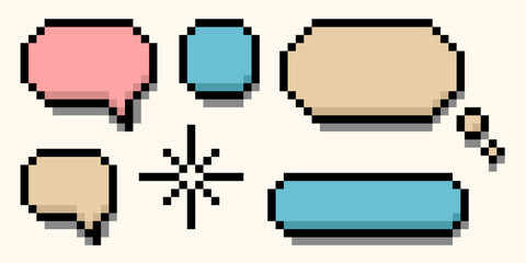 Set of cute pastel pixel bubbles with text and thinking frames. 8 bit retro style dialogue boxes, cartoon message clouds for mobile app, vintage game interface or digital design use.