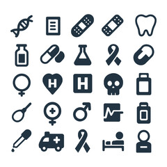 Medical and healthcare icon set in simple flat design, perfect for hospitals, apps, infographics, and medical branding.