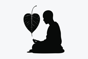 Silhouette of a monk meditating next to a bodhi tree leaf isolated on white background