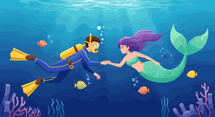 Diver and mermaid underwater scene with fish