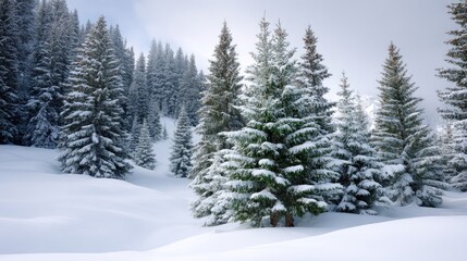 Naklejka premium Winter Wonderland Landscape with Snow-Covered Trees in a Peaceful Forest Setting