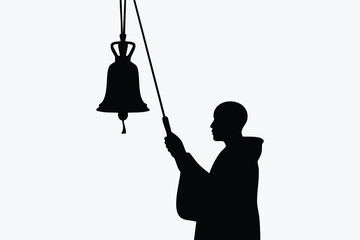 Silhouette of a monk ringing a bell isolated on white background