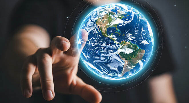 Finger touching the earth globe hologram, future technology and innovation - Powered by Adobe