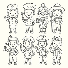 Hand-drawn cute kids in various professional uniforms, charming illustration for education, storybook, or character design.