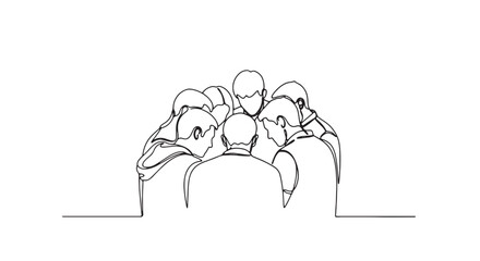 Team of people in huddle continuous line drawing vector illustration for teamwork and collaboration