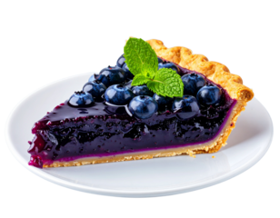 Slice of Blueberry Pie on White Plate with Mint Garnish, Side Angle, Transparent Background