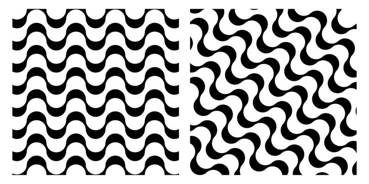 Vector wavy pattern in Portuguese pavement style, inspired by Copacabana beach sidewalk. Black and white curved lines forming a seamless repeating design, Rio promenade texture.