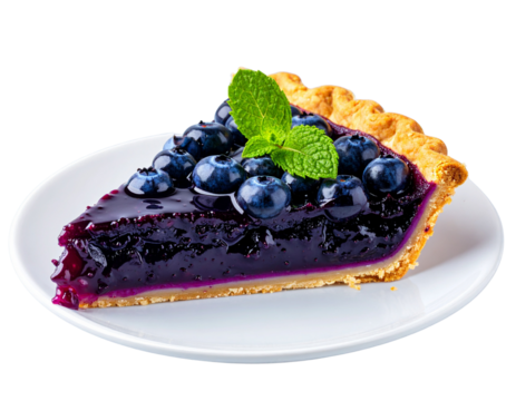 Slice of Blueberry Pie on White Plate with Mint Garnish, Side Angle, Transparent Background