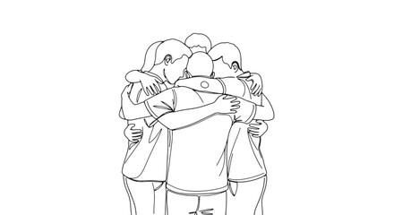 Team of people hugging line art illustration of teamwork and unity isolated on white background