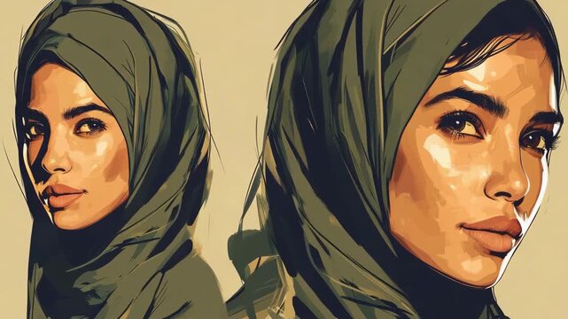 Selective focus. Attractive Arab women wearing traditional attire with hijab. Elegant women in modest traditional Arab clothing. Female portraits highlighting modesty and traditional style.