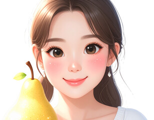 Smiling Kawaii Pear Character with Blushing Cheeks, Transparent Background
