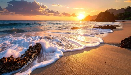 Scenic Beach Sunset with Golden Light Reflecting on Wet Sand and Gentle Waves Rolling Ashore